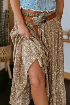 Online Dear-Lover Western Floral Print Ruffled Hem High Waist Loose Maxi Skirt Brown