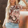 Fashion Dear-Lover Western Horseshoe Printed Mesh T Shirt Brown