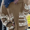 Fashion Dear-Lover Western Printed Ribbed Trim Collared Zip up Cardigan Brown