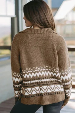 Fashion Dear-Lover Western Printed Ribbed Trim Collared Zip up Cardigan Brown