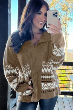 Fashion Dear-Lover Western Printed Ribbed Trim Collared Zip up Cardigan Brown
