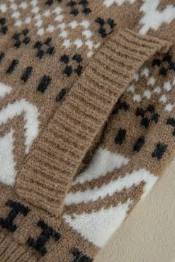 Fashion Dear-Lover Western Printed Ribbed Trim Collared Zip up Cardigan Brown