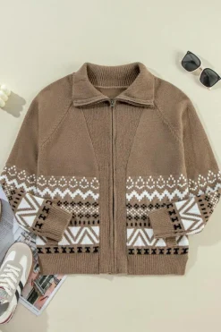 Fashion Dear-Lover Western Printed Ribbed Trim Collared Zip up Cardigan Brown