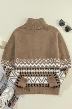 Fashion Dear-Lover Western Printed Ribbed Trim Collared Zip up Cardigan Brown