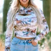 Online Dear-Lover Western Wild Horses Print Hollow-out High Neck Top Brown