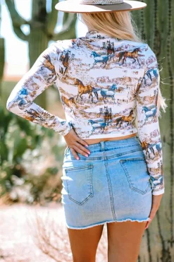 Online Dear-Lover Western Wild Horses Print Hollow-out High Neck Top Brown