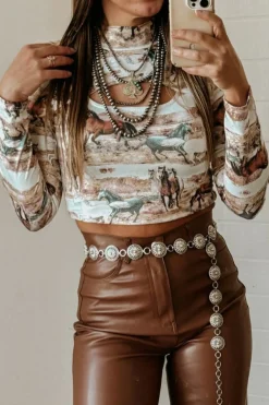 Online Dear-Lover Western Wild Horses Print Hollow-out High Neck Top Brown