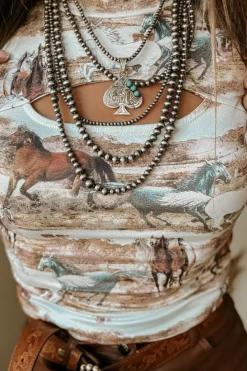 Online Dear-Lover Western Wild Horses Print Hollow-out High Neck Top Brown