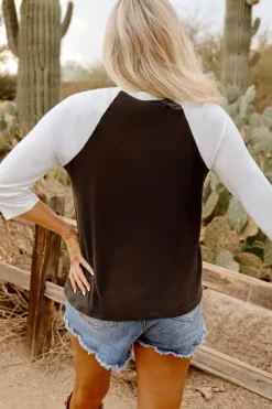 Clearance Dear-Lover Western Yeehaw Graphic Vintage Raglan Long Sleeve Top Brown