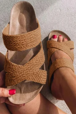 Online Dear-Lover Woven Cross Criss Hollowed Slip-On Slippers Brown