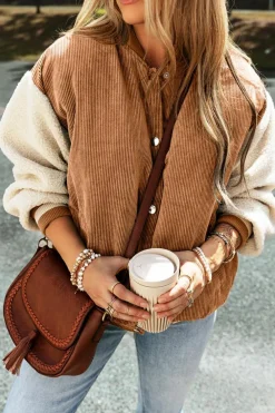 Online Dear-Lover Corduroy Fleece Patchwork Buttoned Bomber Jacket Buckskin