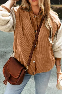 Online Dear-Lover Corduroy Fleece Patchwork Buttoned Bomber Jacket Buckskin