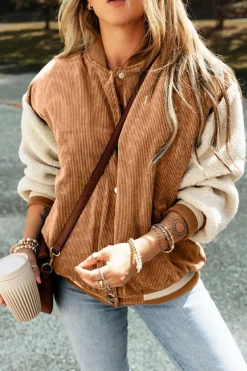 Online Dear-Lover Corduroy Fleece Patchwork Buttoned Bomber Jacket Buckskin