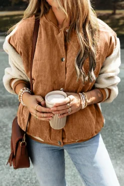 Online Dear-Lover Corduroy Fleece Patchwork Buttoned Bomber Jacket Buckskin