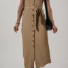 Online Dear-Lover Short Sleeve Textured Button Up Tie Waist Long Dress Buckskin