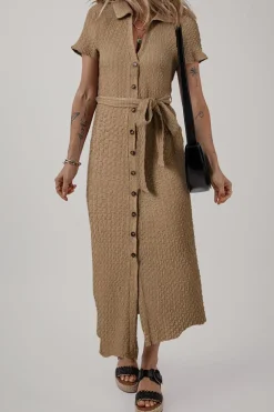 Online Dear-Lover Short Sleeve Textured Button Up Tie Waist Long Dress Buckskin