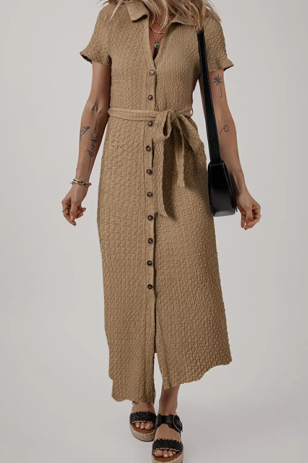 Online Dear-Lover Short Sleeve Textured Button Up Tie Waist Long Dress Buckskin