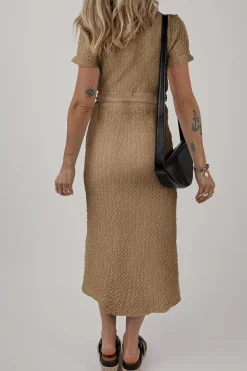 Online Dear-Lover Short Sleeve Textured Button Up Tie Waist Long Dress Buckskin