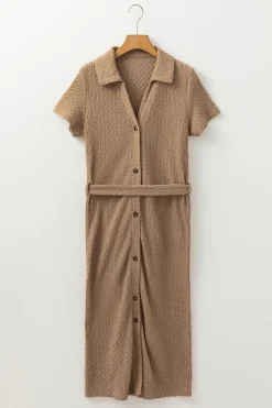 Online Dear-Lover Short Sleeve Textured Button Up Tie Waist Long Dress Buckskin