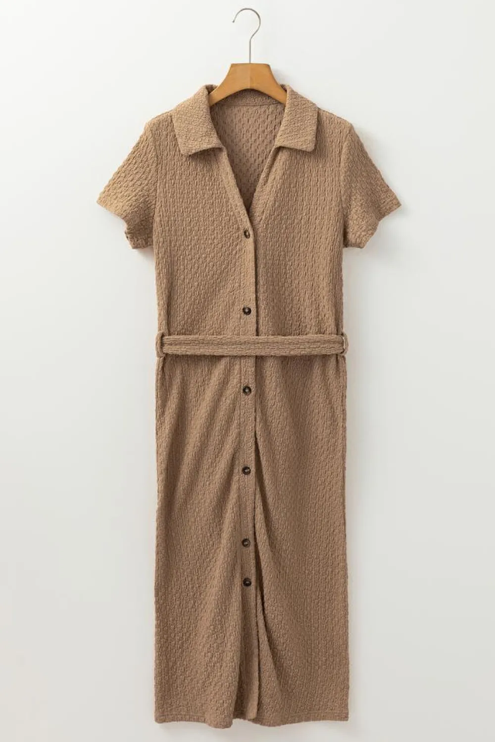 Online Dear-Lover Short Sleeve Textured Button Up Tie Waist Long Dress Buckskin