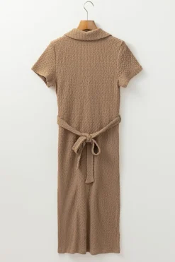 Online Dear-Lover Short Sleeve Textured Button Up Tie Waist Long Dress Buckskin