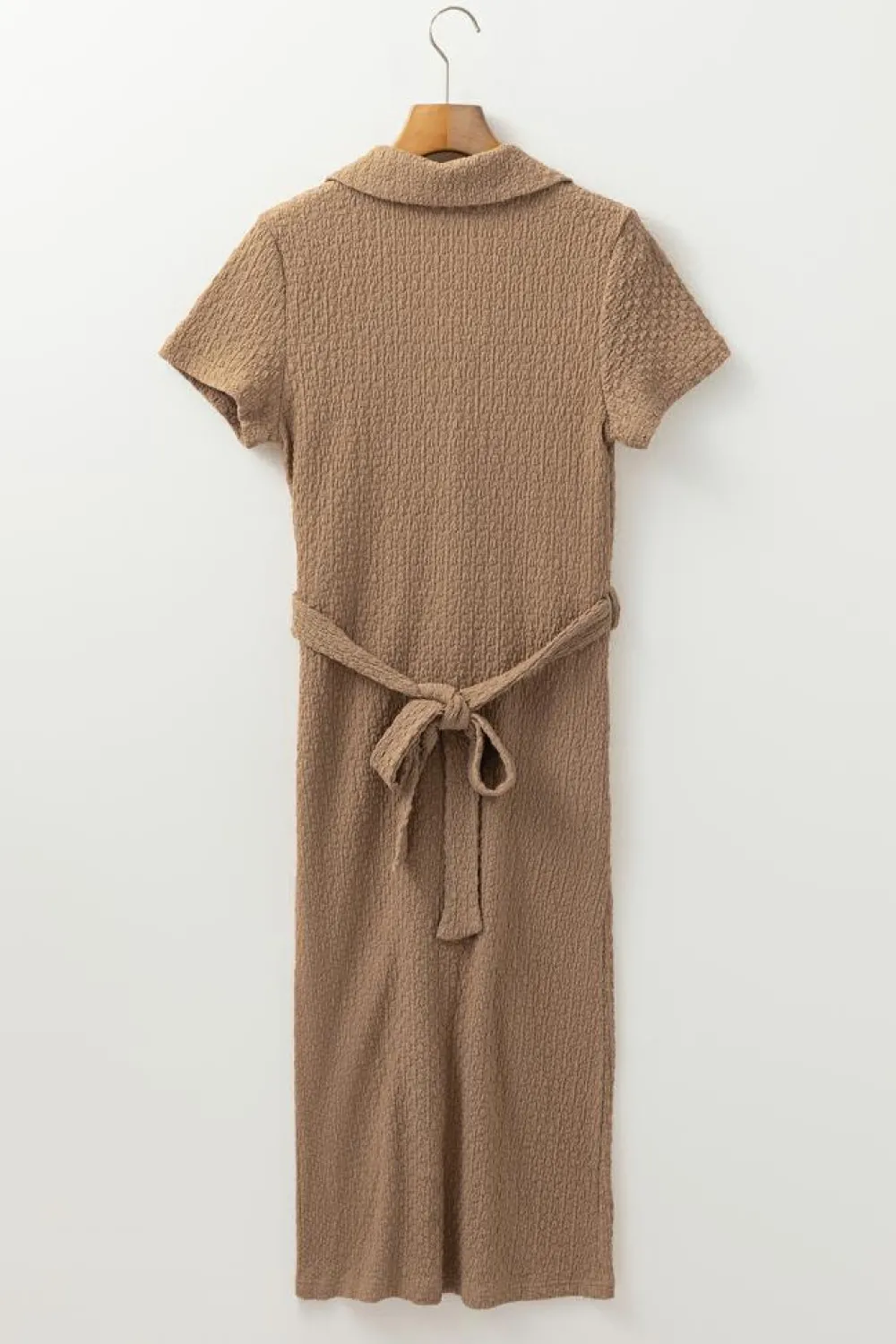 Online Dear-Lover Short Sleeve Textured Button Up Tie Waist Long Dress Buckskin