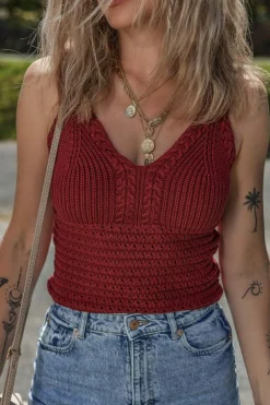 Hot Dear-Lover Cable Knit Pointelle Slim Fit V Neck Sweater Vest Burgundy