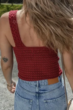 Hot Dear-Lover Cable Knit Pointelle Slim Fit V Neck Sweater Vest Burgundy