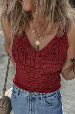 Hot Dear-Lover Cable Knit Pointelle Slim Fit V Neck Sweater Vest Burgundy