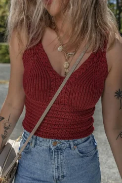 Hot Dear-Lover Cable Knit Pointelle Slim Fit V Neck Sweater Vest Burgundy