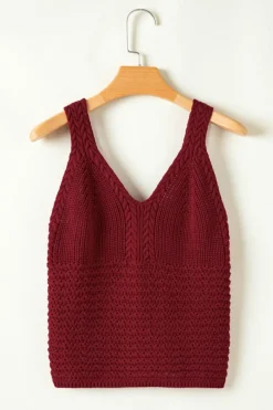 Hot Dear-Lover Cable Knit Pointelle Slim Fit V Neck Sweater Vest Burgundy