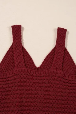 Hot Dear-Lover Cable Knit Pointelle Slim Fit V Neck Sweater Vest Burgundy
