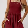 Discount Dear-Lover Casual Pocketed Smocked Sleeveless Romper Burgundy