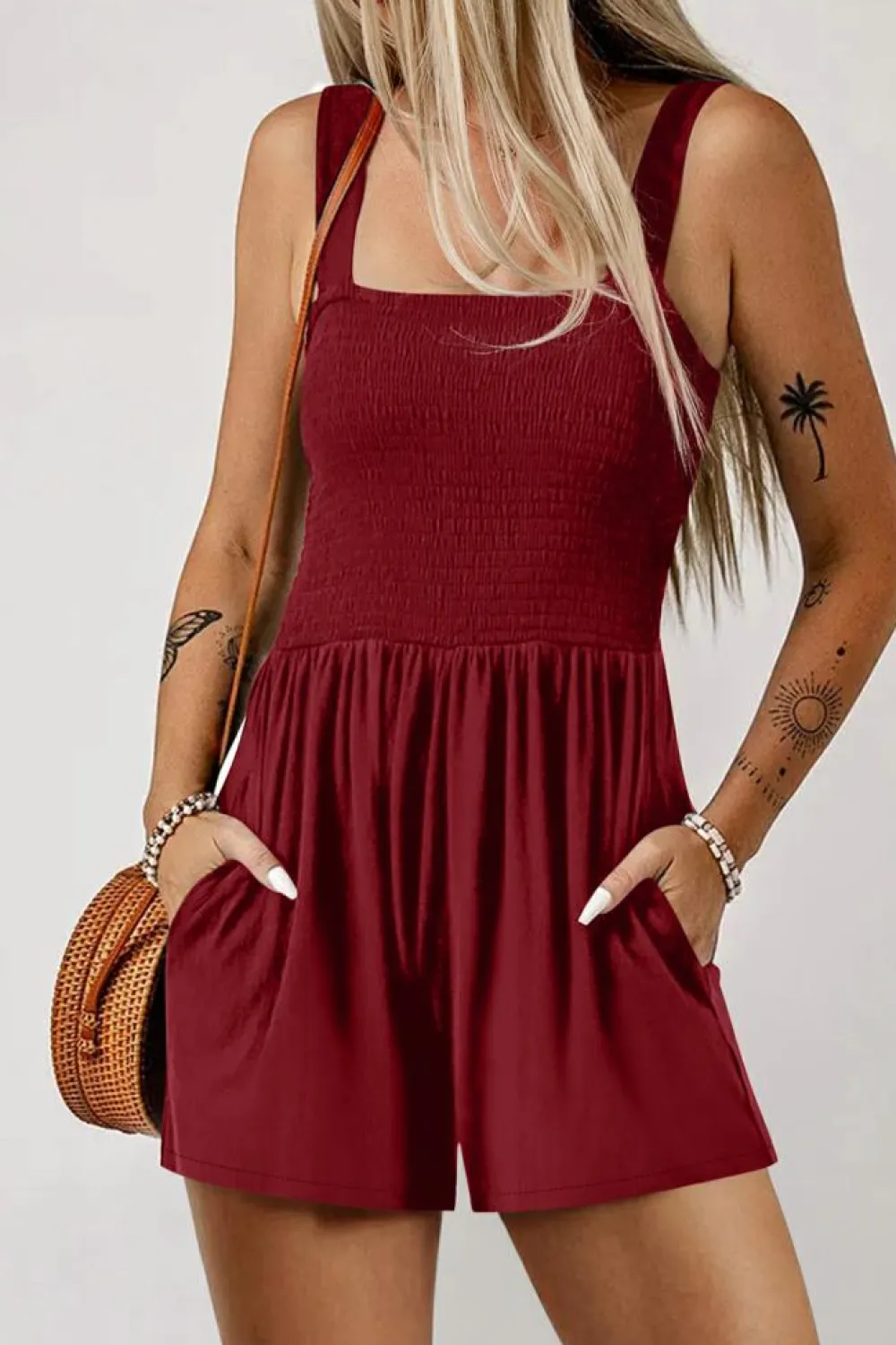 Discount Dear-Lover Casual Pocketed Smocked Sleeveless Romper Burgundy