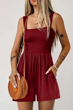 Discount Dear-Lover Casual Pocketed Smocked Sleeveless Romper Burgundy