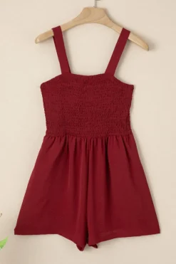 Discount Dear-Lover Casual Pocketed Smocked Sleeveless Romper Burgundy