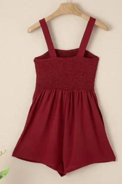 Discount Dear-Lover Casual Pocketed Smocked Sleeveless Romper Burgundy