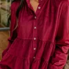Discount Dear-Lover Corduroy Ruffle Tiered Buttoned O Neck Shirt Burgundy