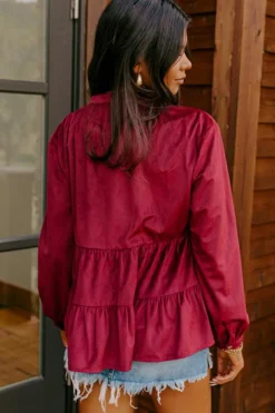 Discount Dear-Lover Corduroy Ruffle Tiered Buttoned O Neck Shirt Burgundy