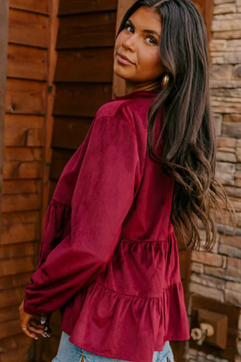 Discount Dear-Lover Corduroy Ruffle Tiered Buttoned O Neck Shirt Burgundy