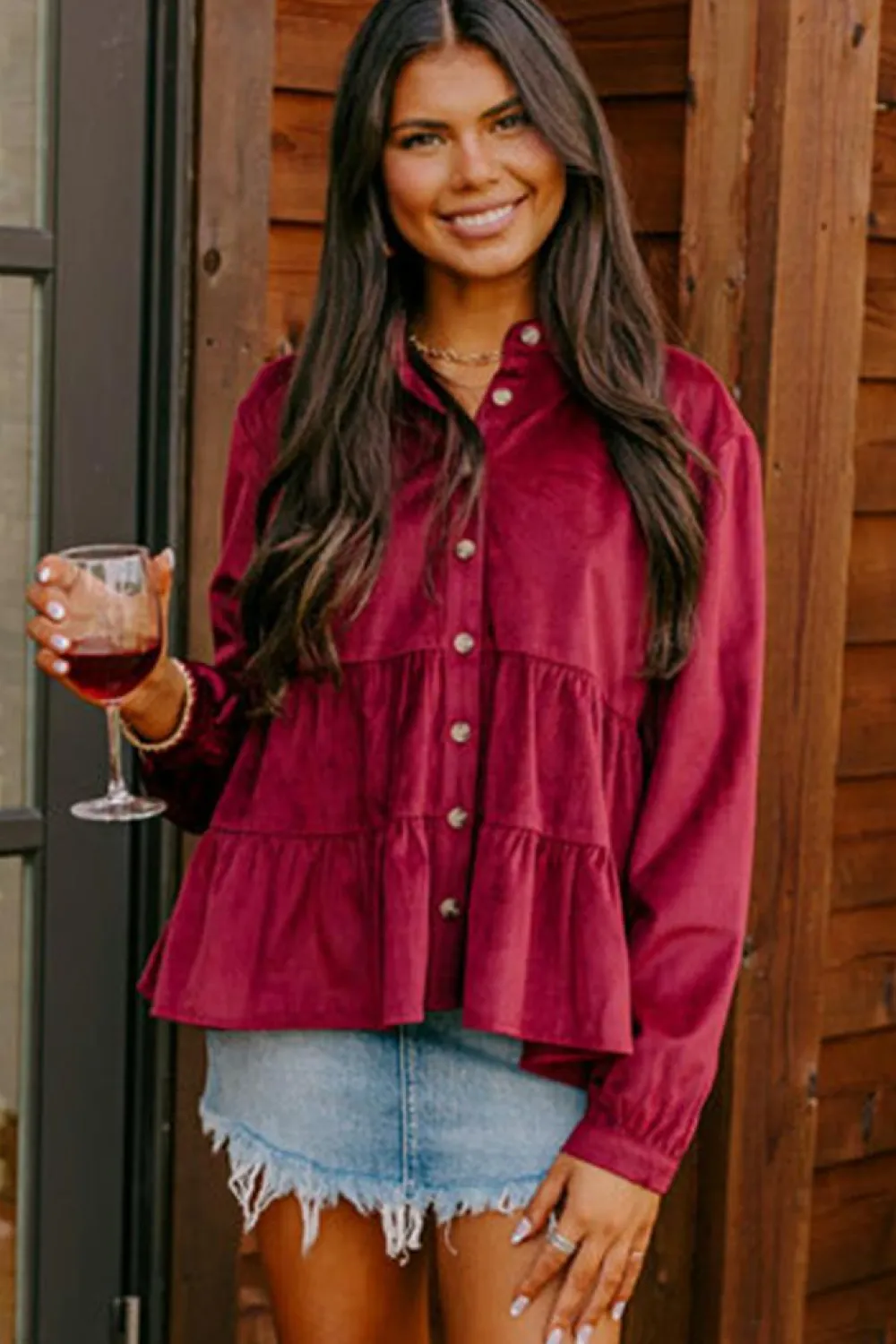 Discount Dear-Lover Corduroy Ruffle Tiered Buttoned O Neck Shirt Burgundy