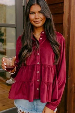 Discount Dear-Lover Corduroy Ruffle Tiered Buttoned O Neck Shirt Burgundy