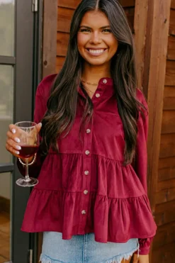 Discount Dear-Lover Corduroy Ruffle Tiered Buttoned O Neck Shirt Burgundy