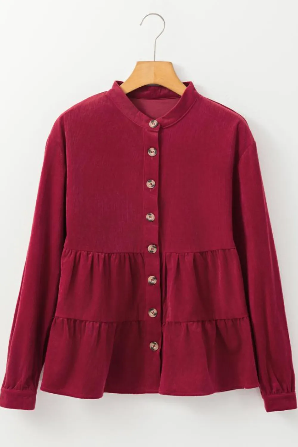 Discount Dear-Lover Corduroy Ruffle Tiered Buttoned O Neck Shirt Burgundy