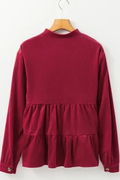 Discount Dear-Lover Corduroy Ruffle Tiered Buttoned O Neck Shirt Burgundy