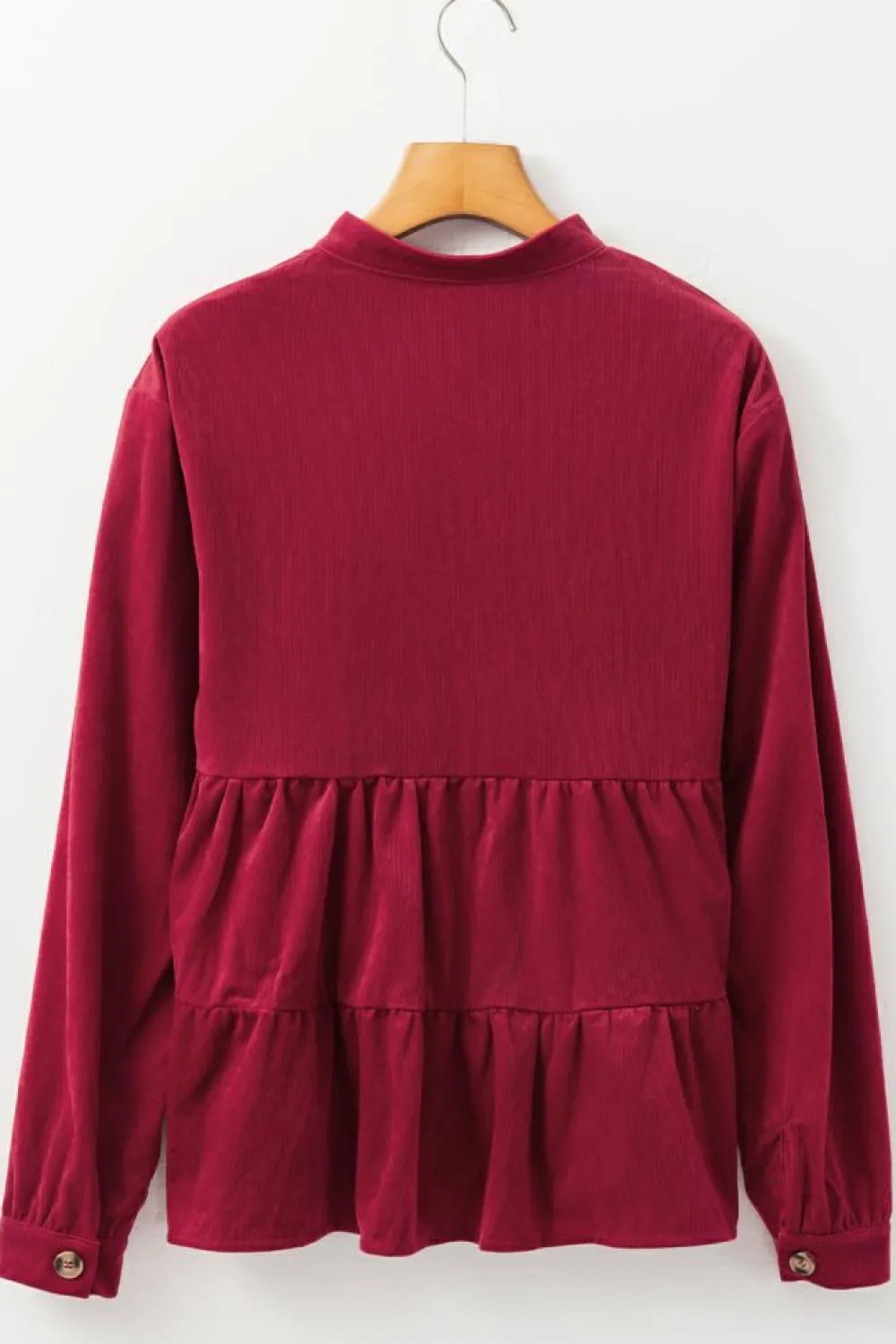 Discount Dear-Lover Corduroy Ruffle Tiered Buttoned O Neck Shirt Burgundy