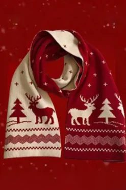 Clearance Dear-Lover Elk Christmas Tree Print Knitted Scarf Burgundy