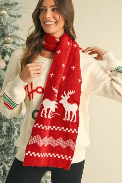 Clearance Dear-Lover Elk Christmas Tree Print Knitted Scarf Burgundy