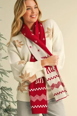 Clearance Dear-Lover Elk Christmas Tree Print Knitted Scarf Burgundy