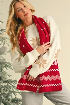 Clearance Dear-Lover Elk Christmas Tree Print Knitted Scarf Burgundy